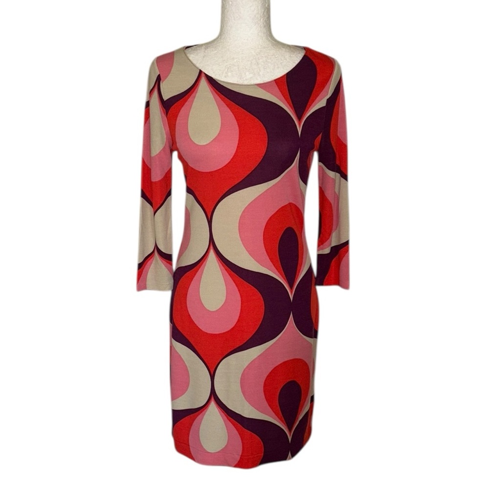 Boden Purple Orange Pink Mod Retro Printed Knit Sheath Dress - 6 P